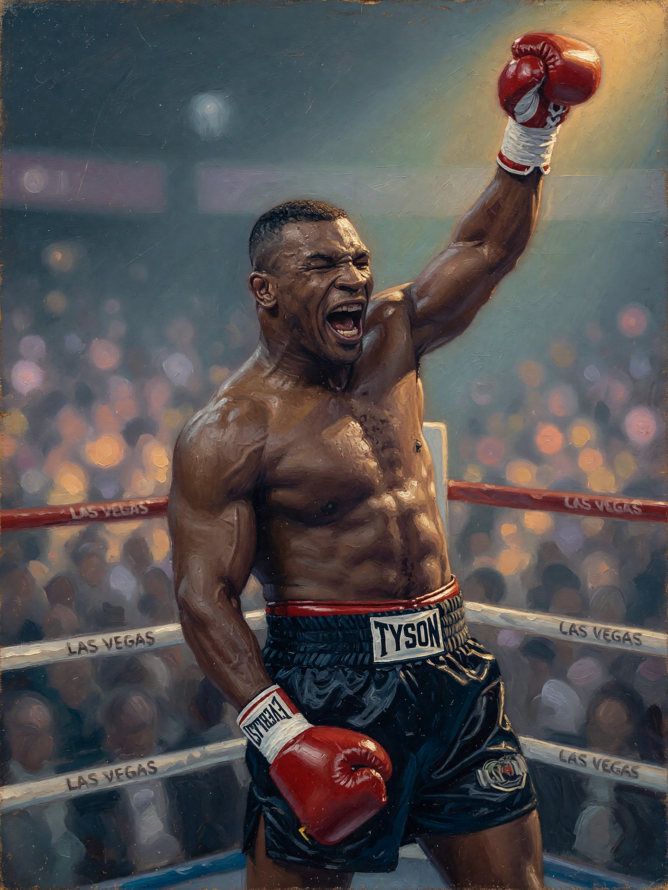 Champion Poids Lourd Victorieux — boxeur torse nu, gant levé en cri de victoire, peinture à l'huile, art mural premium