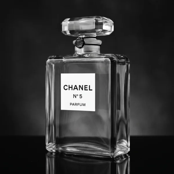 Chanel N°5 Icône — flacon emblématique en verre, nature morte photographique minimaliste, noir et blanc, art mural premium