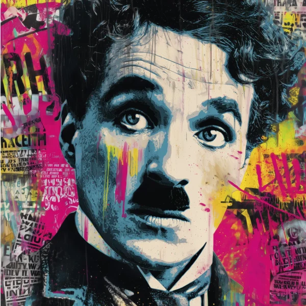 Portrait Street Art de Charlot inspiré de Charlie Chaplin avec collages urbains, graffiti colorés et peinture expressive contemporaine.