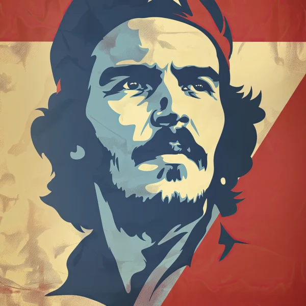 Portrait Street Art de Che Guevara avec béret étoilé dans un style Pop Art contemporain aux couleurs rouge, crème et bleu.
