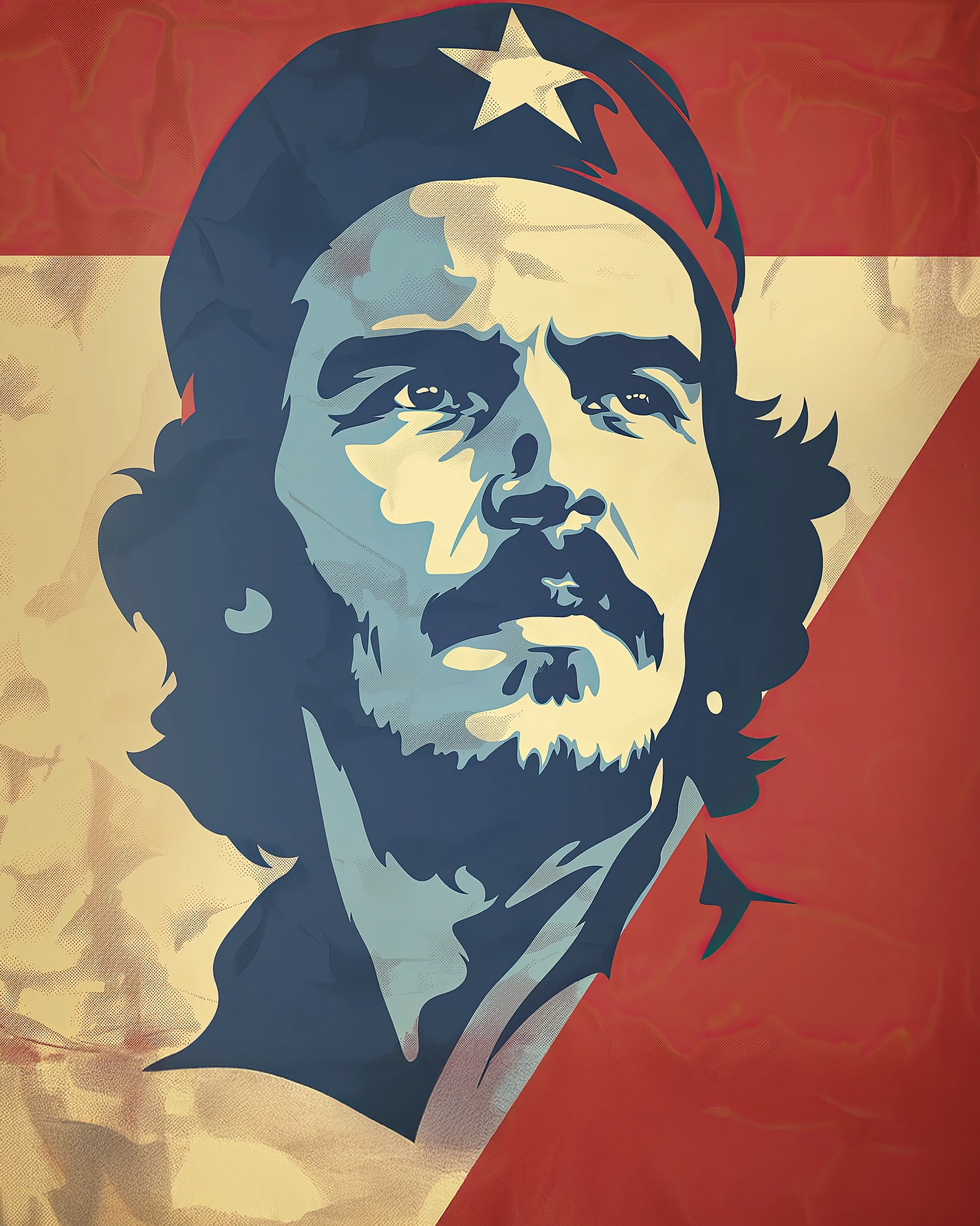 Portrait Street Art de Che Guevara avec béret étoilé dans un style Pop Art contemporain aux couleurs rouge, crème et bleu.