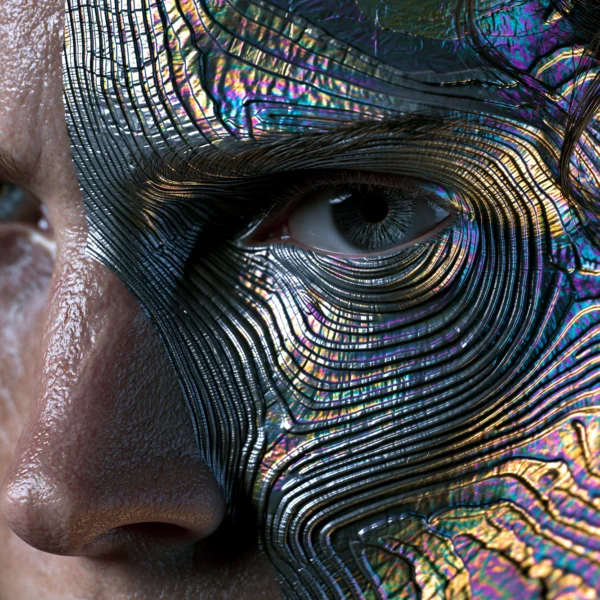 Chroma — visage féminin de profil en surface lumineuse aux reflets métalliques arc-en-ciel, art mural premium