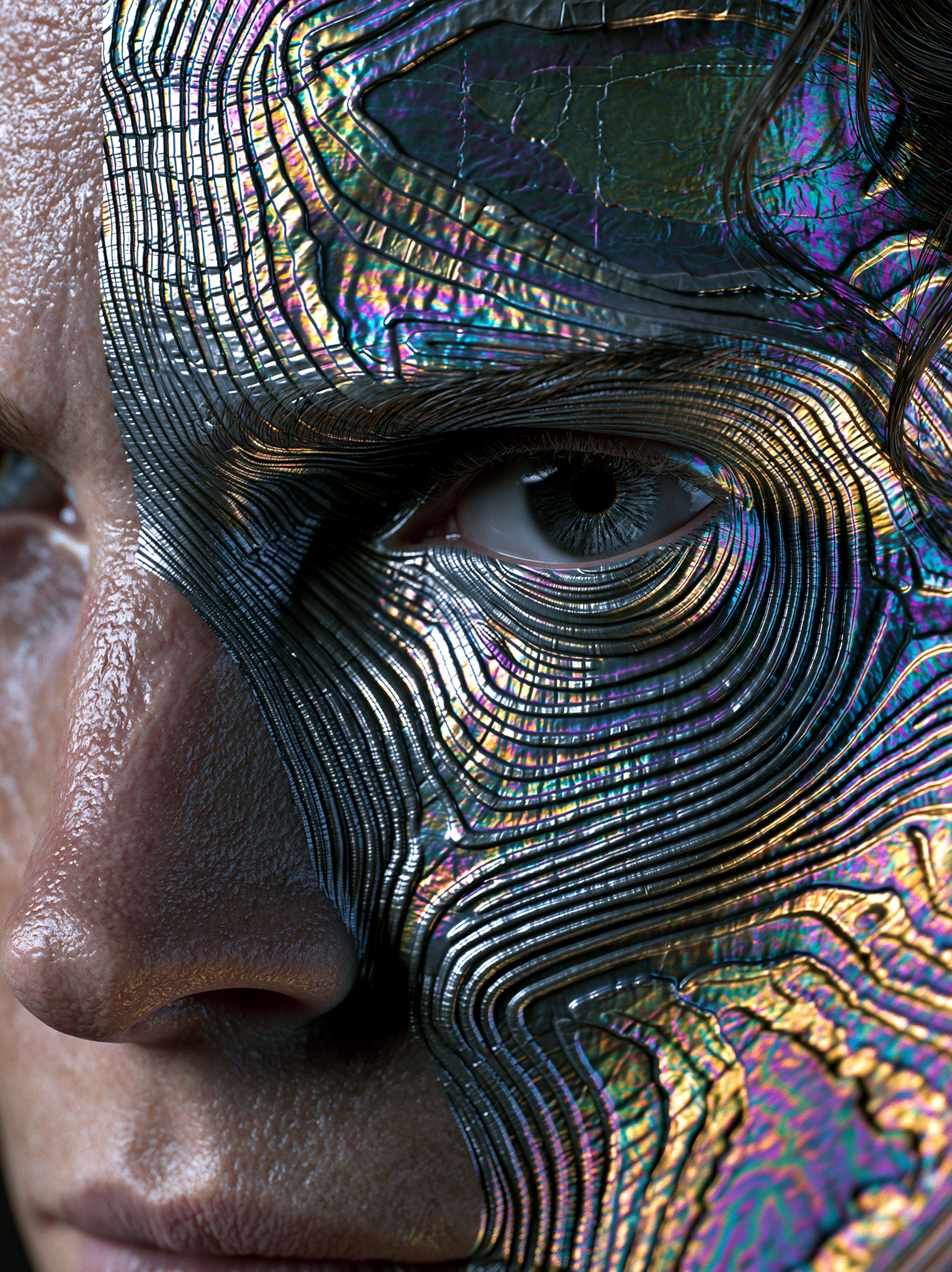 Chroma — visage féminin de profil en surface lumineuse aux reflets métalliques arc-en-ciel, art mural premium