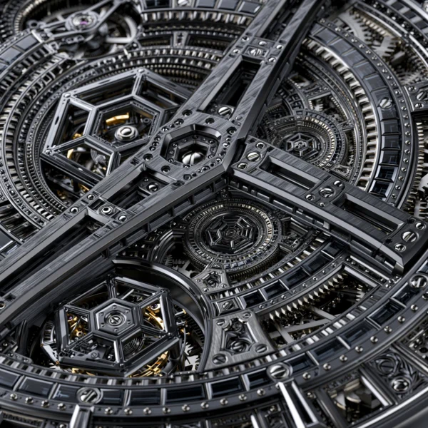 Chronos — mécanisme imaginaire d'engrenages et structures concentriques, haute horlogerie générative, art mural premium