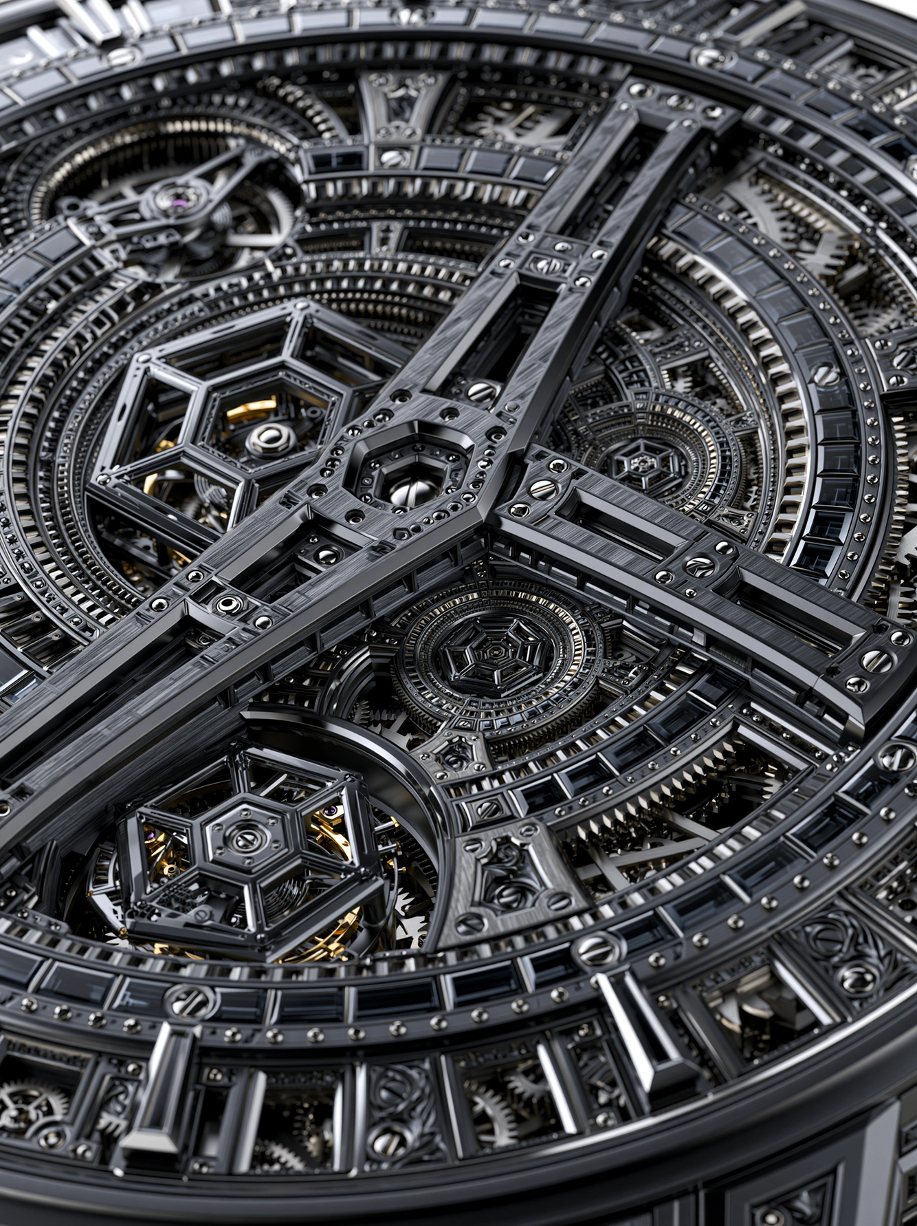 Chronos — mécanisme imaginaire d'engrenages et structures concentriques, haute horlogerie générative, art mural premium