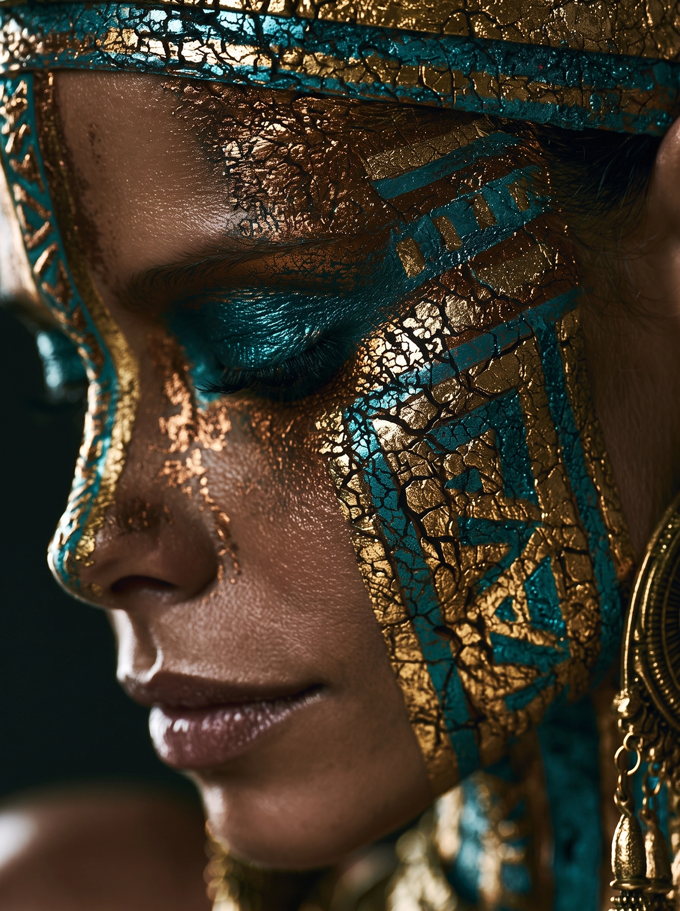 Cléopâtre Éternelle — maquillage égyptien en feuilles d'or craquelées et pigments turquoise, art mural premium