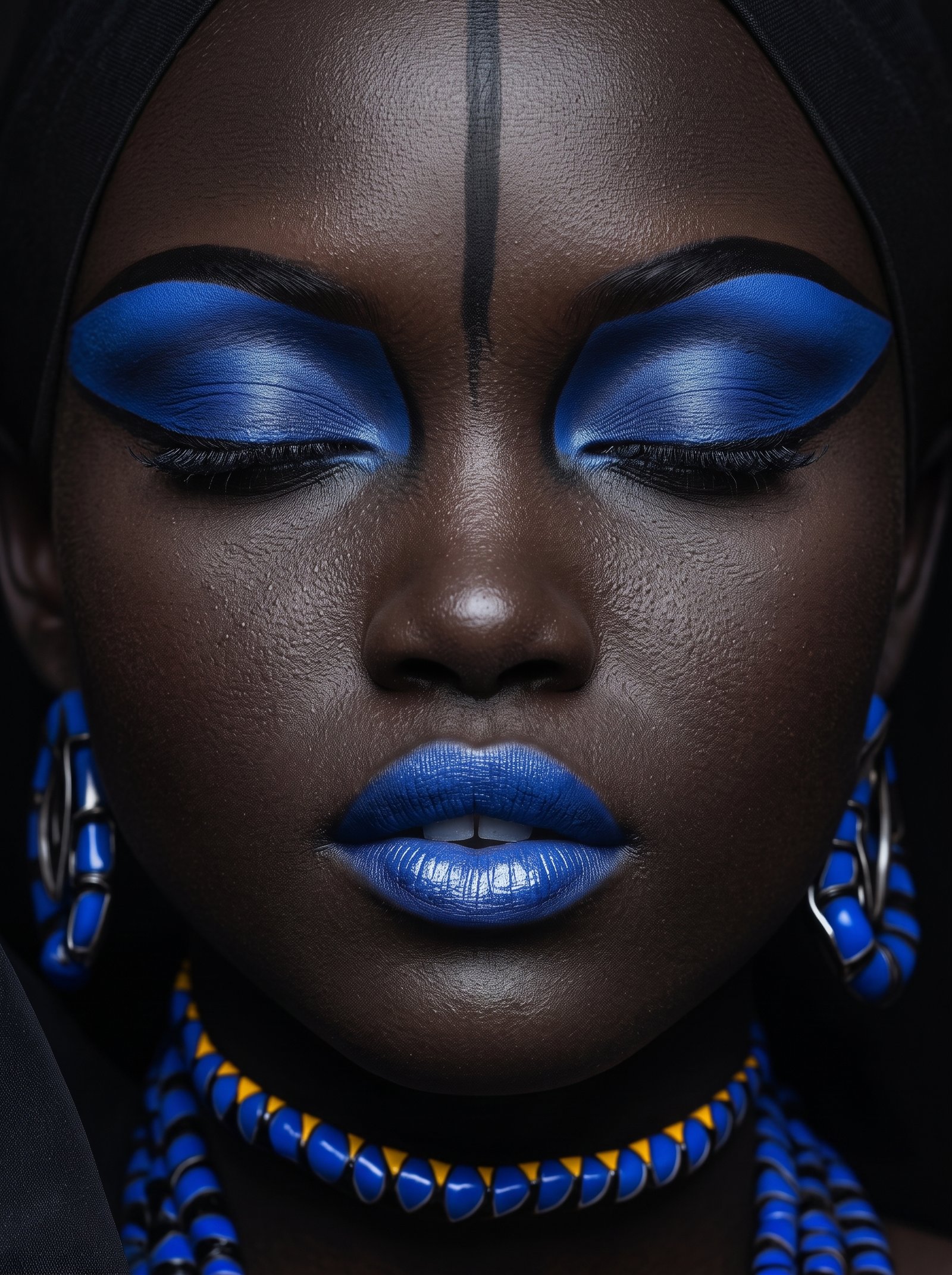 Cobalt Sacré — portrait beauté ethnique aux yeux bleu cobalt perçants, art mural premium