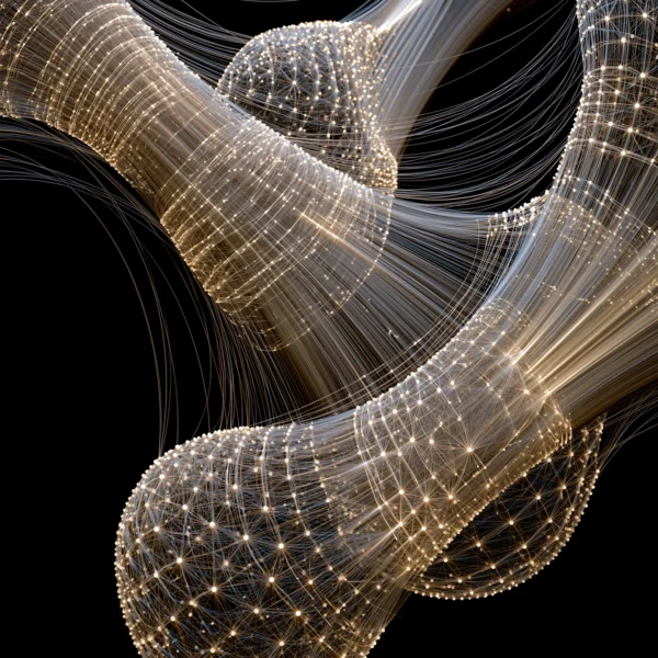 Constellation Fluide — sculpture aérienne de volumes translucides et points dorés flottants, art mural premium