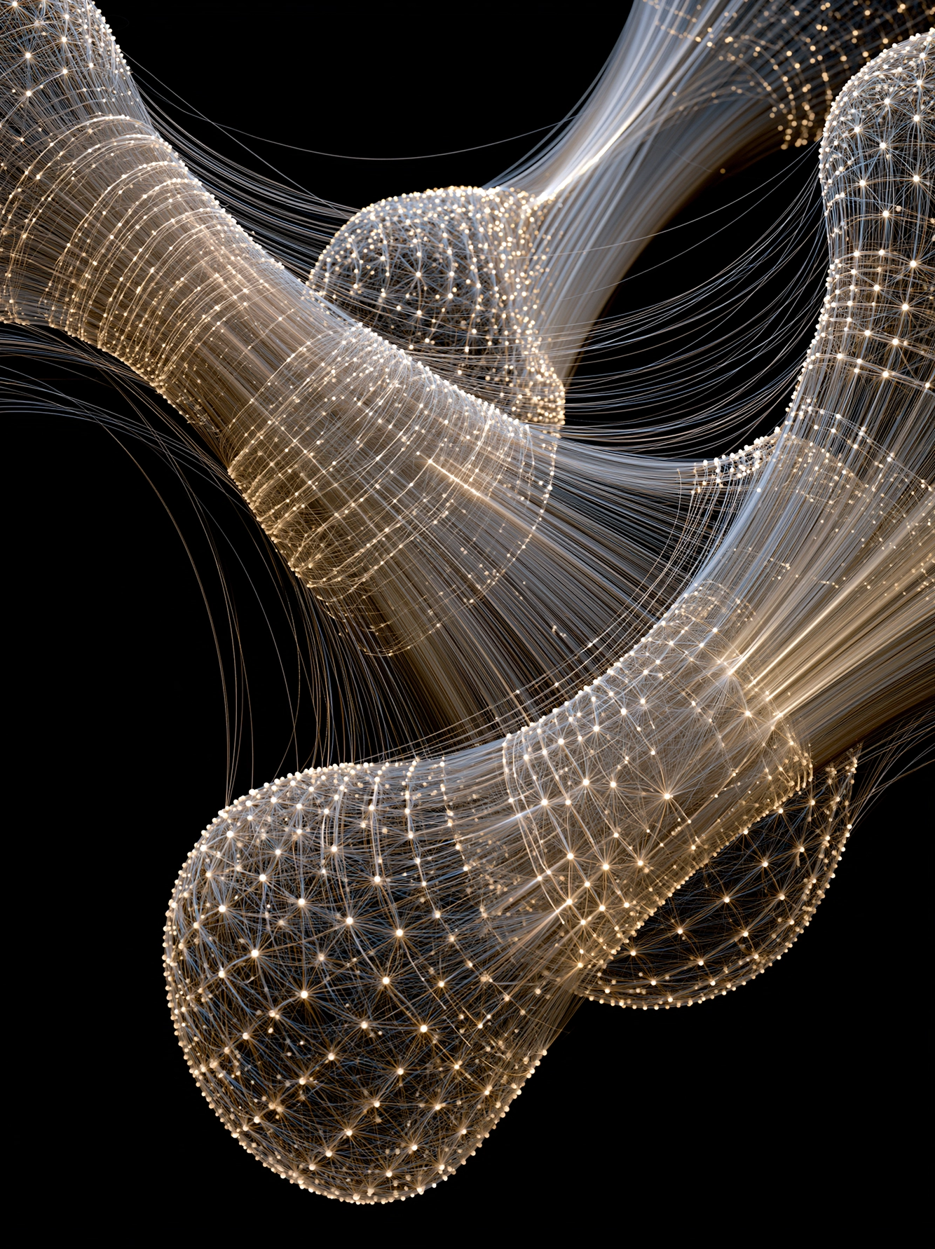Constellation Fluide — sculpture aérienne de volumes translucides et points dorés flottants, art mural premium