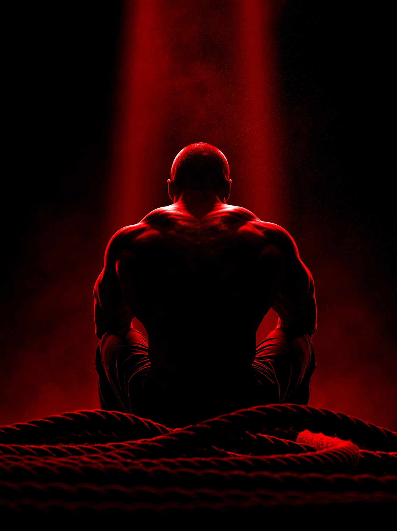 Corde Ondulatoire — athlète vu de dos face à des battle ropes, faisceau de lumière rouge, art mural premium