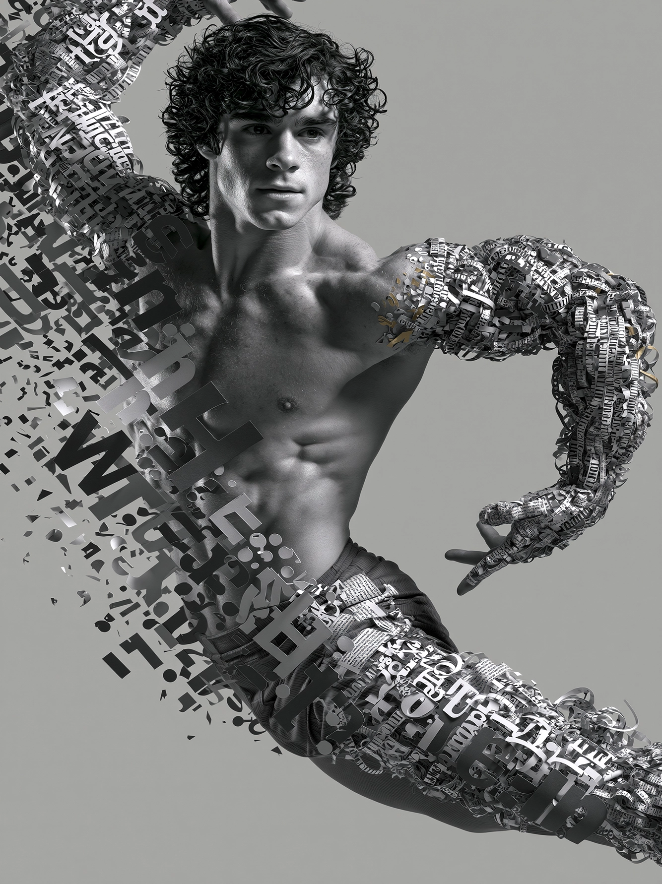 Corps de Lettres — silhouette masculine fusionnant anatomie et typographie, art mural premium