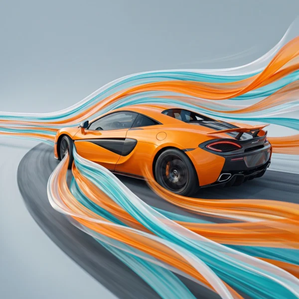 Courbes de Vitesse — McLaren enveloppée de rubans colorés, sculpture cinétique, art mural premium