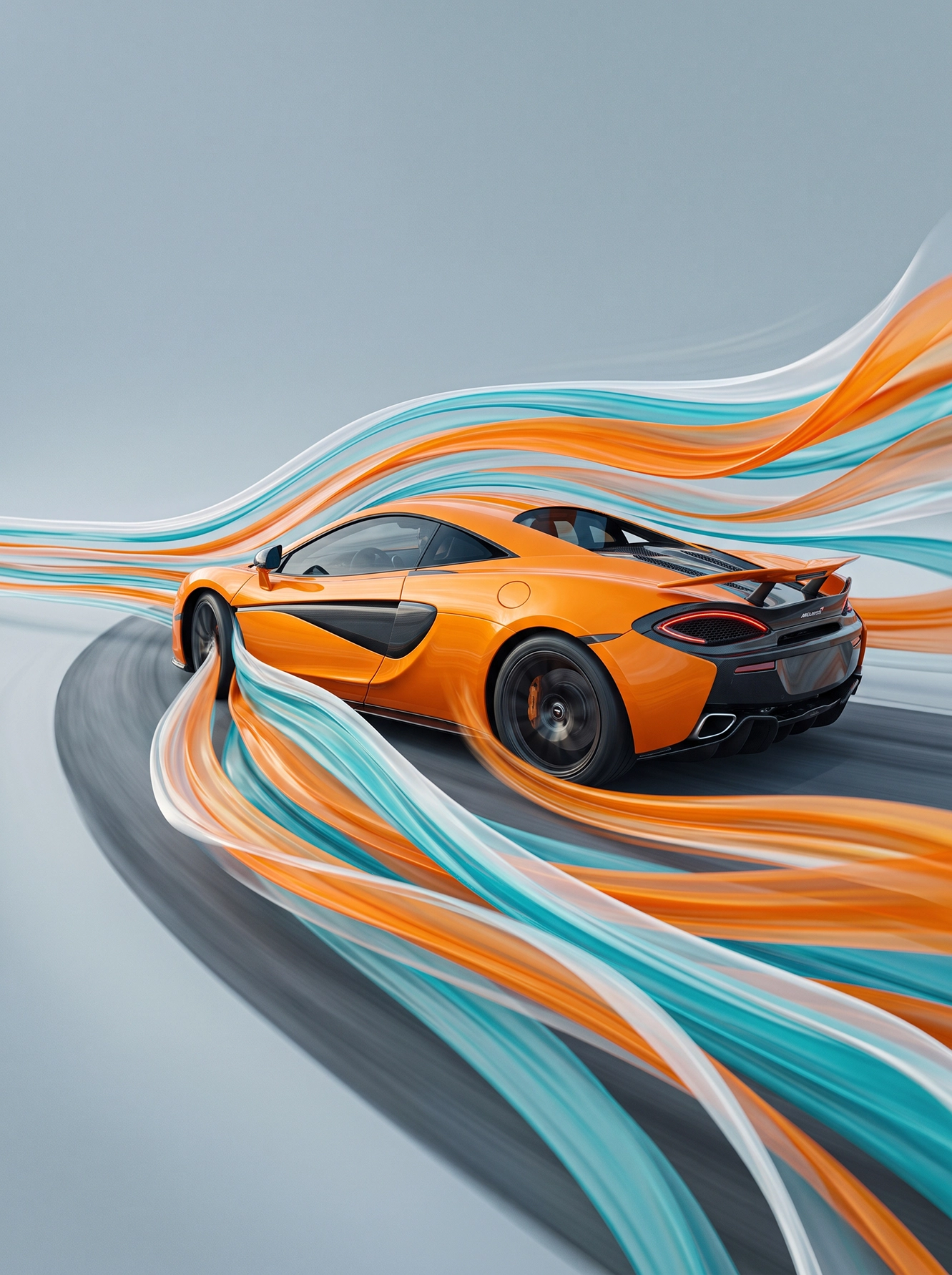 Courbes de Vitesse — McLaren enveloppée de rubans colorés, sculpture cinétique, art mural premium