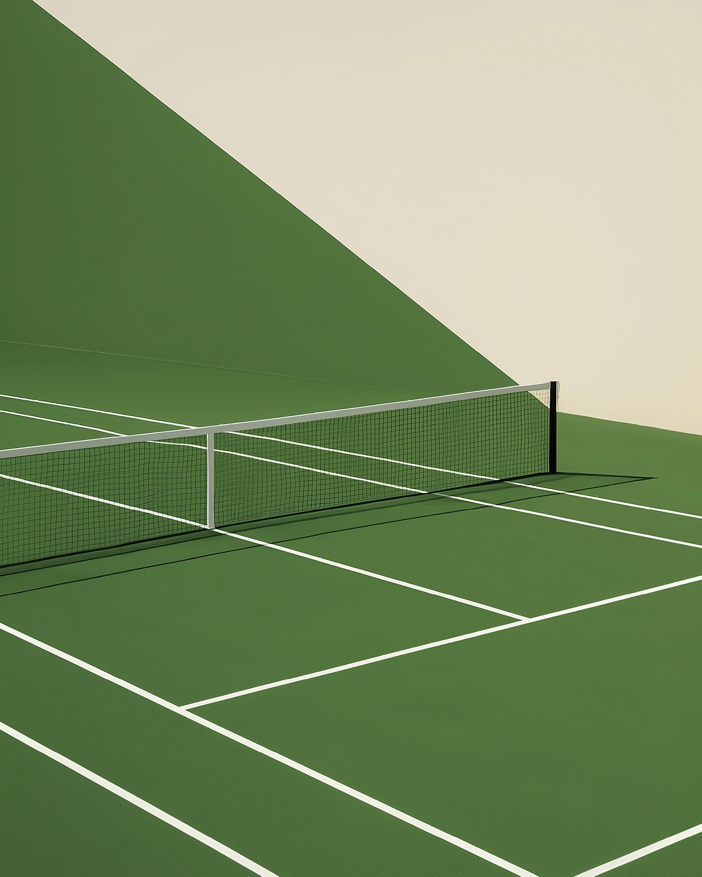 Court Silencieux — terrain de tennis désert en composition graphique aux lignes architecturales épurées, art mural premium