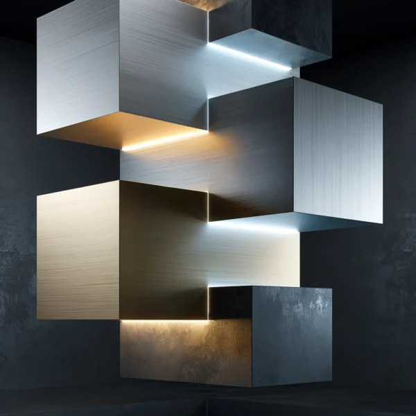 Cubes Suspendus — volumes géométriques en aluminium défiant la gravité, sculpture lumineuse, art mural premium