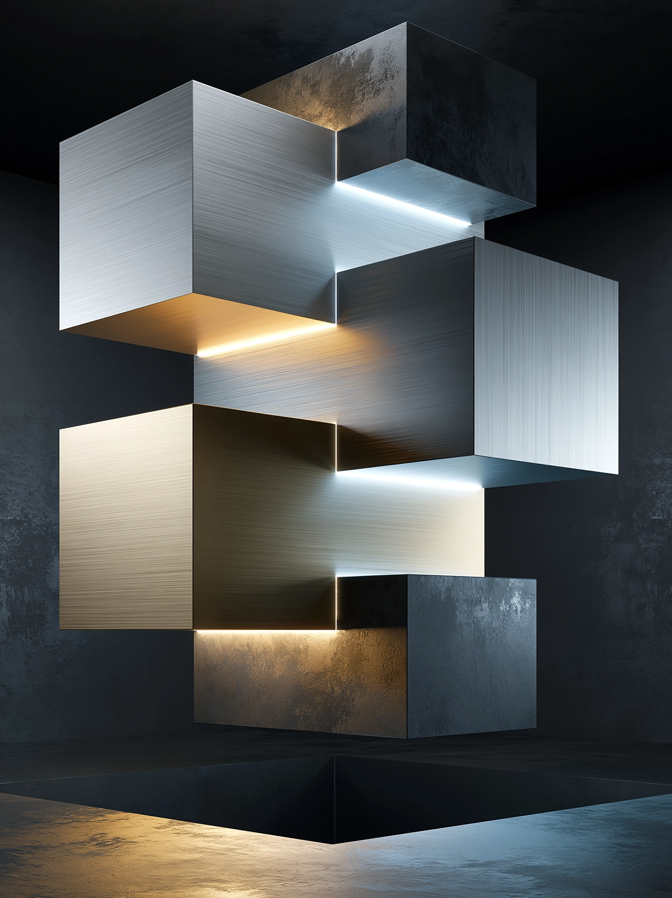 Cubes Suspendus — volumes géométriques en aluminium défiant la gravité, sculpture lumineuse, art mural premium