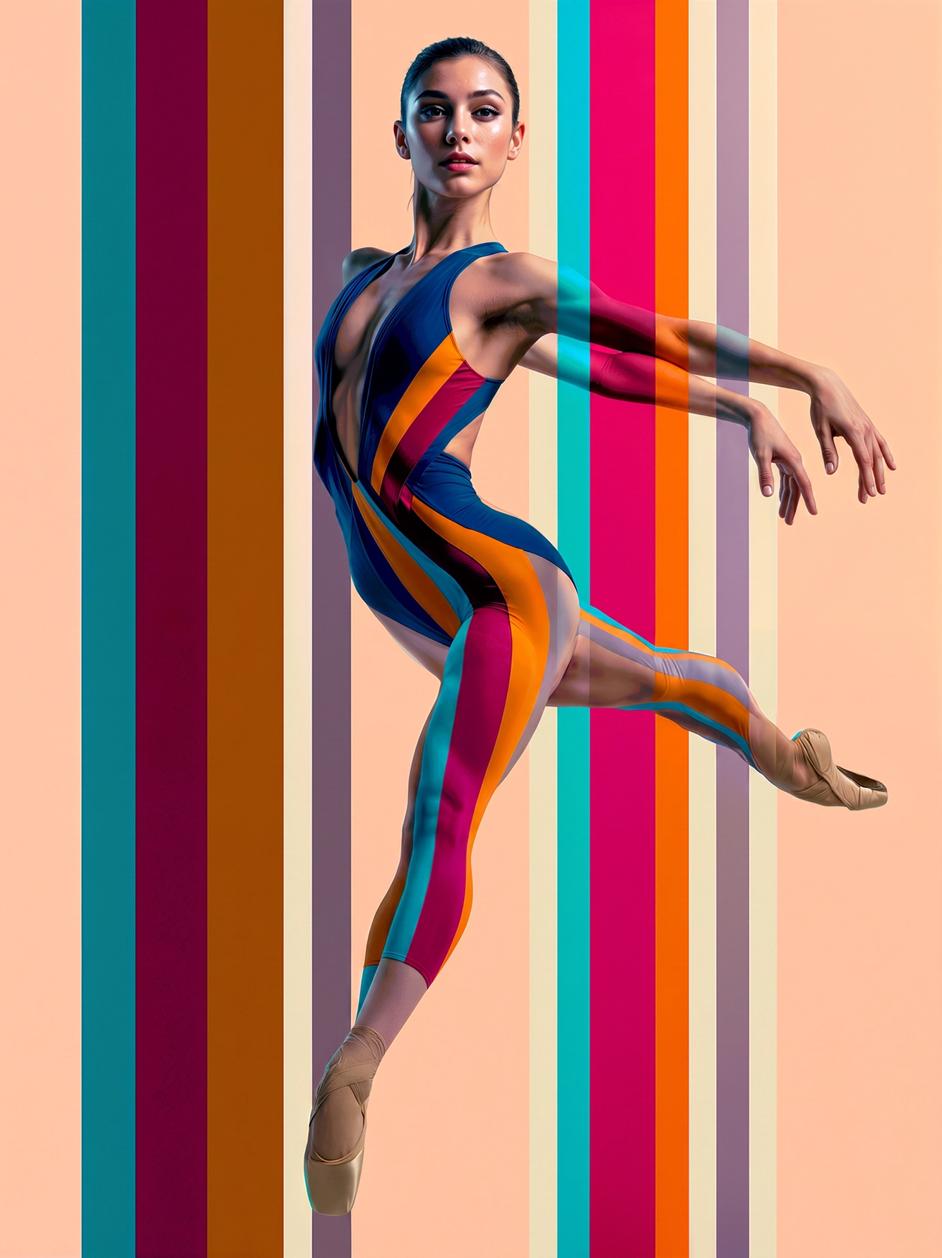 Danse Verticale — danseuse suspendue en mouvement aérien sur fond de bandes verticales colorées, art mural premium