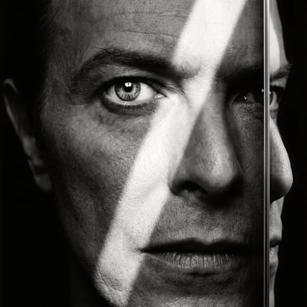 David Bowie — Éclair Blanc, visage fragmenté par une bande diagonale et un reflet, portrait noir et blanc, art mural premium