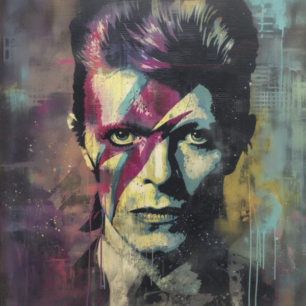 Portrait Street Art de David Bowie avec son célèbre éclair Ziggy Stardust revisité dans un style graffiti et Pop Art contemporain.