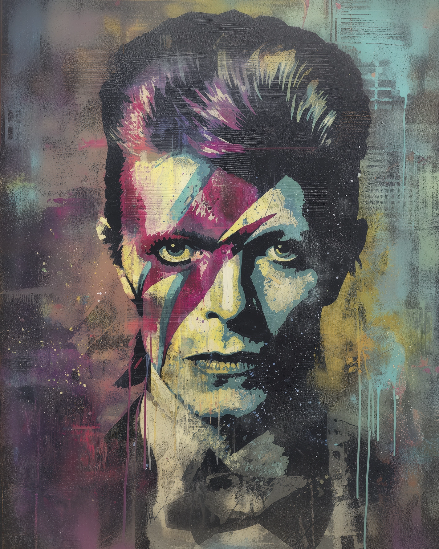 Portrait Street Art de David Bowie avec son célèbre éclair Ziggy Stardust revisité dans un style graffiti et Pop Art contemporain.