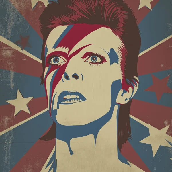 Portrait Street Art de David Bowie avec le maquillage Ziggy Stardust dans un style Pop Art contemporain aux couleurs rouge, crème et bleu.