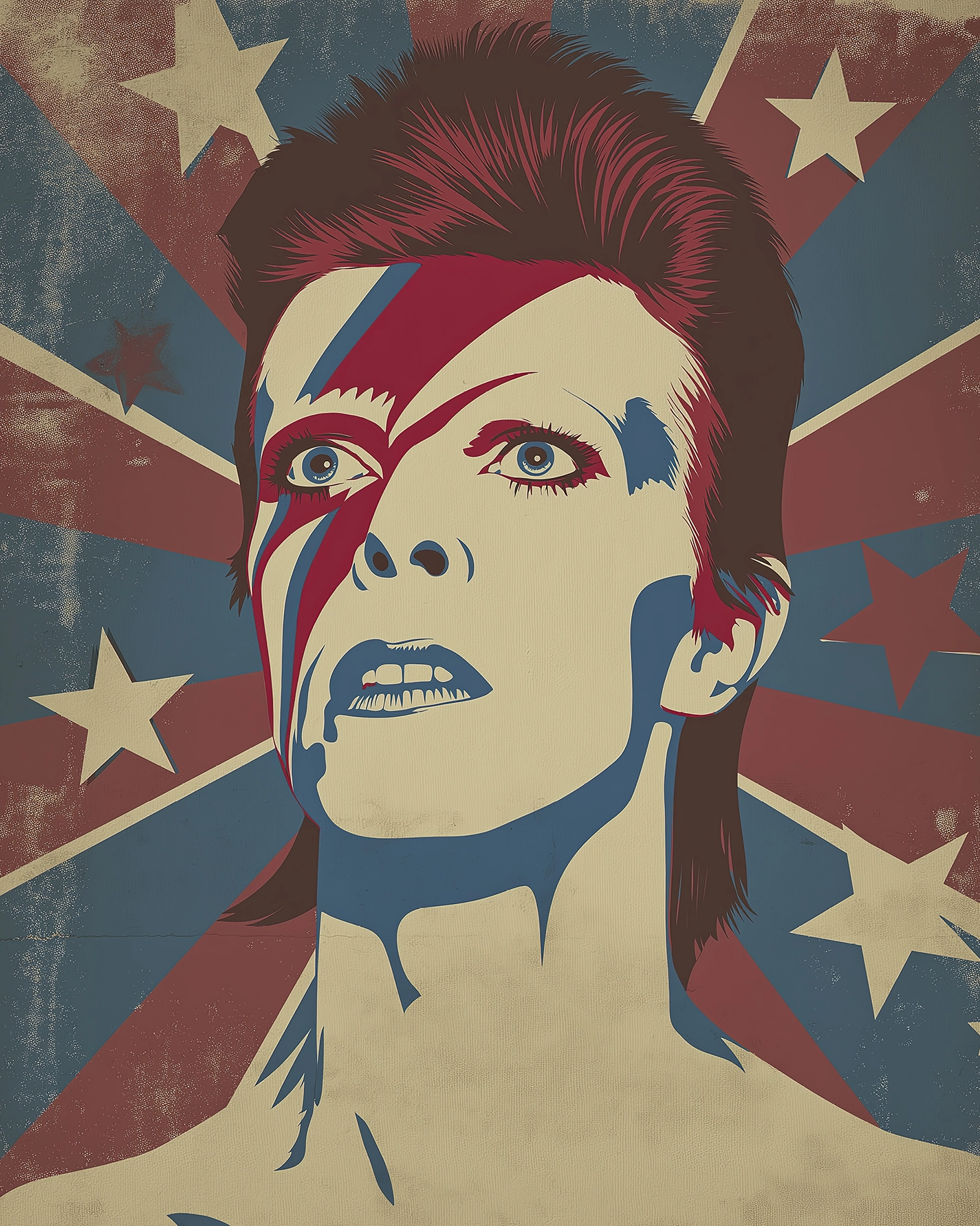 Portrait Street Art de David Bowie avec le maquillage Ziggy Stardust dans un style Pop Art contemporain aux couleurs rouge, crème et bleu.
