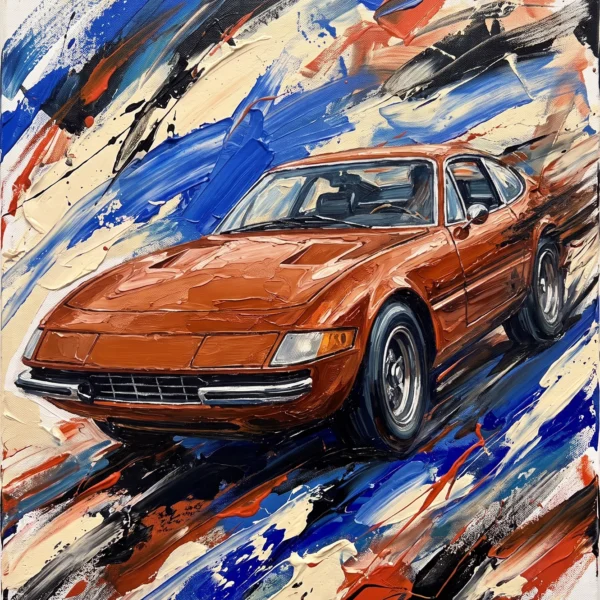 Daytona en Mouvement — Ferrari Daytona en interprétation picturale, larges coups de pinceau bleus et rouges, art mural premium
