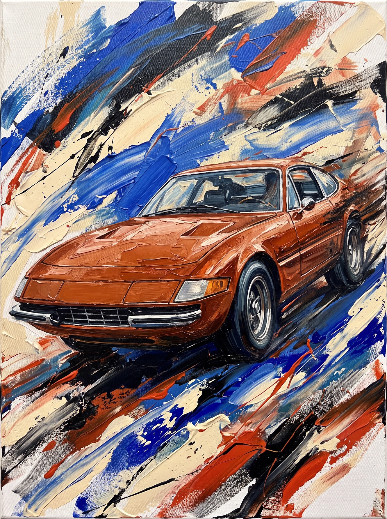 Daytona en Mouvement — Ferrari Daytona en interprétation picturale, larges coups de pinceau bleus et rouges, art mural premium