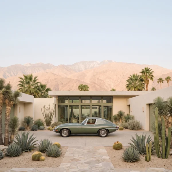 Desert Serenity — Jaguar Type E dans une architecture contemporaine désertique, art mural premium