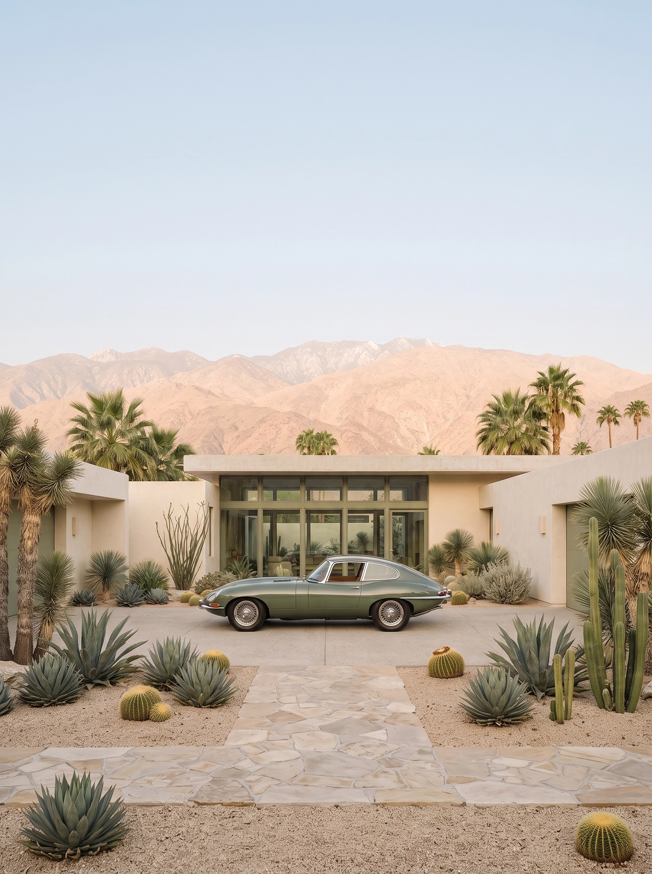 Desert Serenity — Jaguar Type E dans une architecture contemporaine désertique, art mural premium