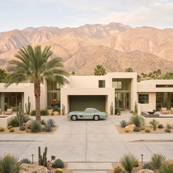 Desert Silver — Mercedes-Benz 300 SL Gullwing devant une résidence contemporaine désertique, art mural premium