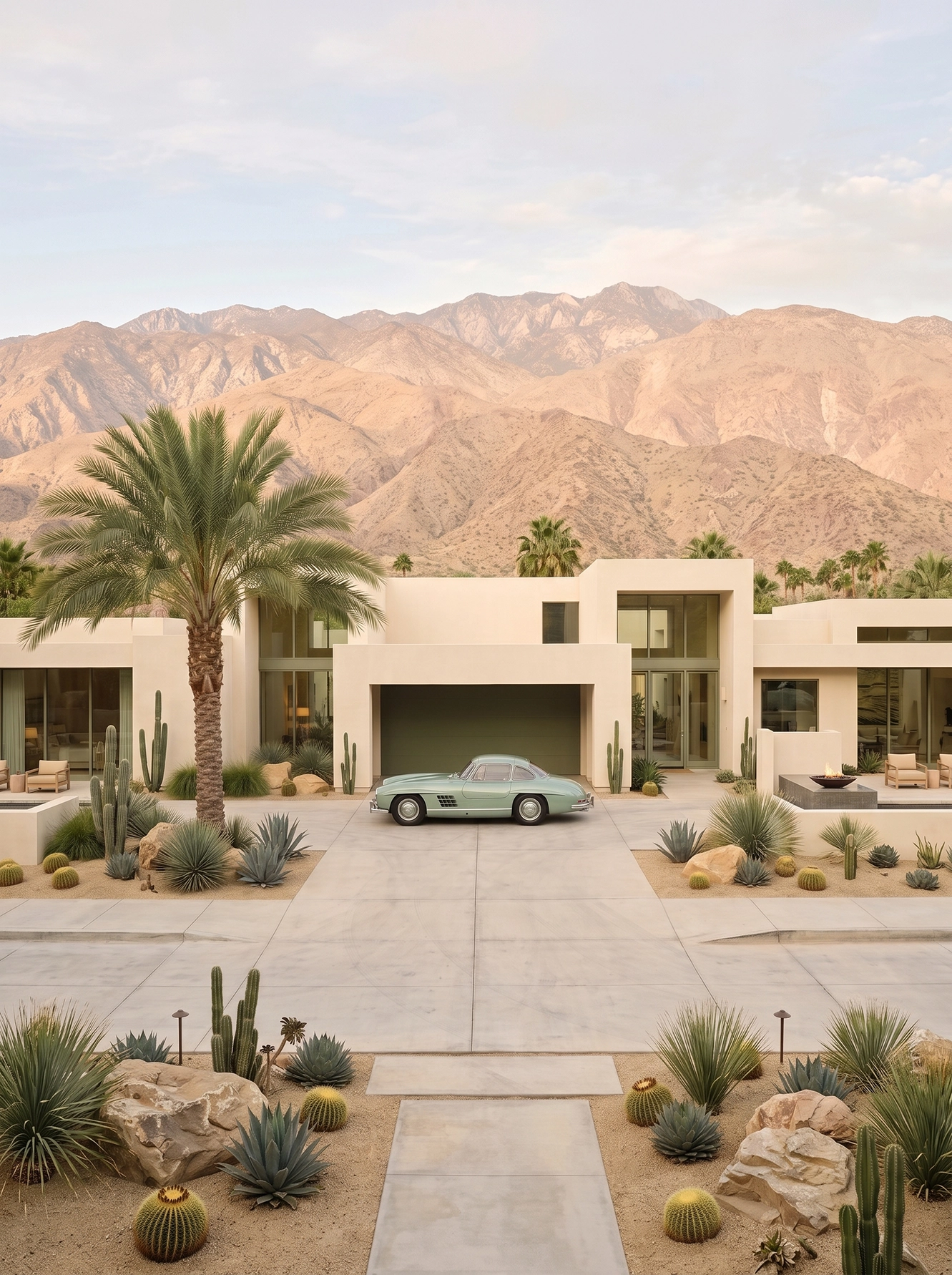 Desert Silver — Mercedes-Benz 300 SL Gullwing devant une résidence contemporaine désertique, art mural premium