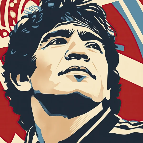 Portrait Street Art de Diego Maradona dans un style Pop Art contemporain aux couleurs rouge, crème et bleu.