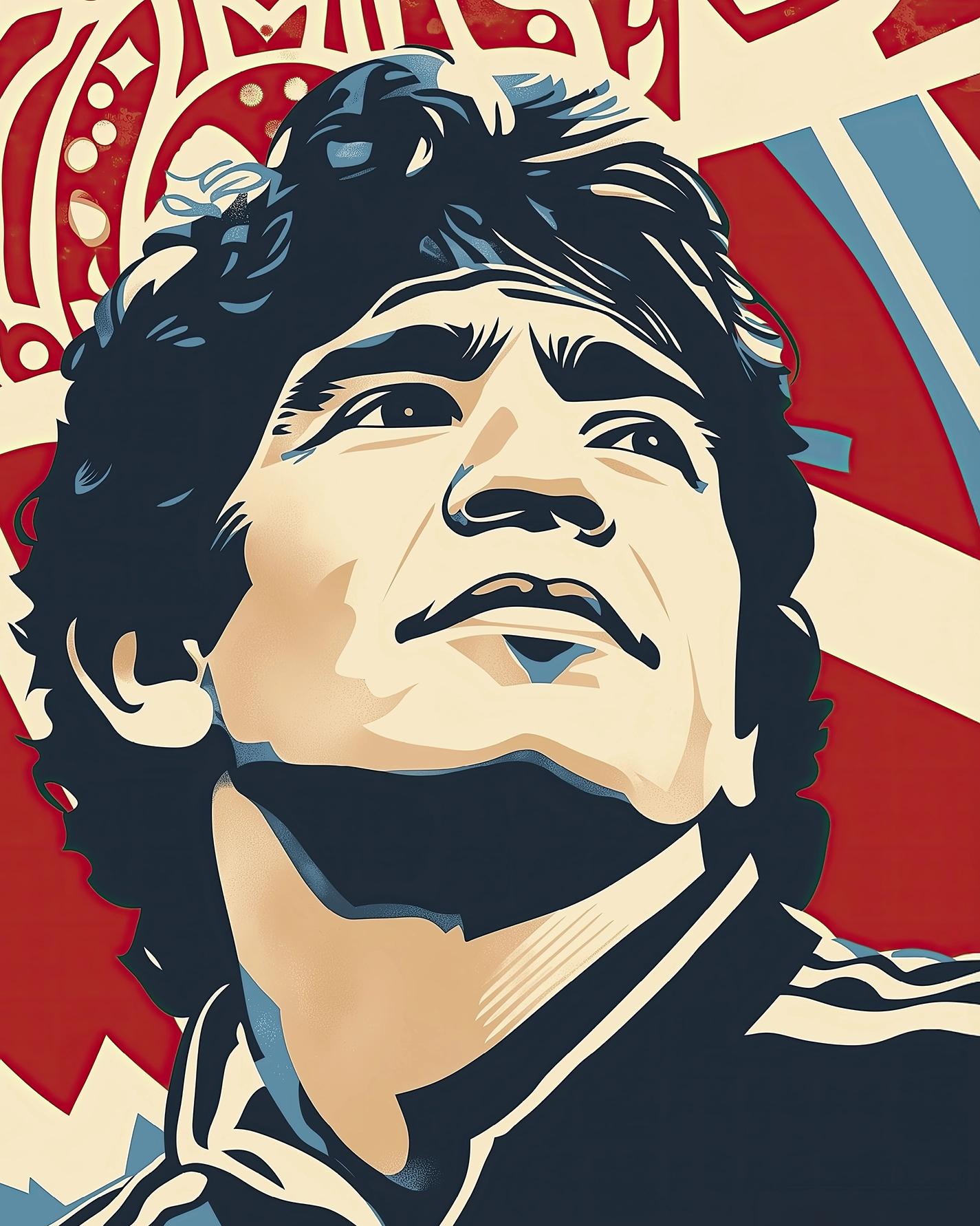 Portrait Street Art de Diego Maradona dans un style Pop Art contemporain aux couleurs rouge, crème et bleu.