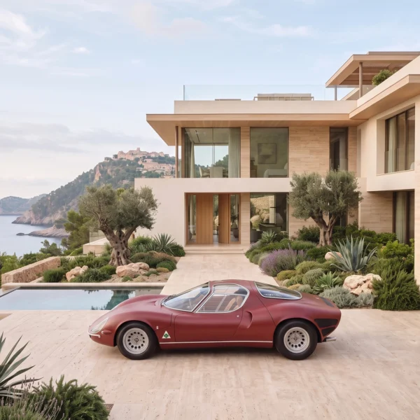 Dolce Vita Éternelle — automobile italienne devant une villa surplombant la Méditerranée, art mural premium