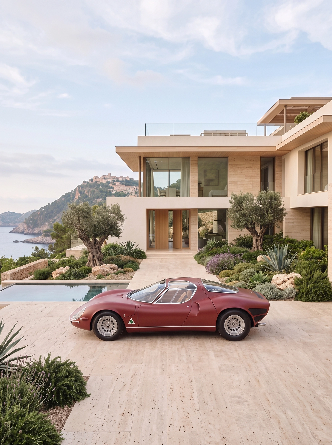 Dolce Vita Éternelle — automobile italienne devant une villa surplombant la Méditerranée, art mural premium
