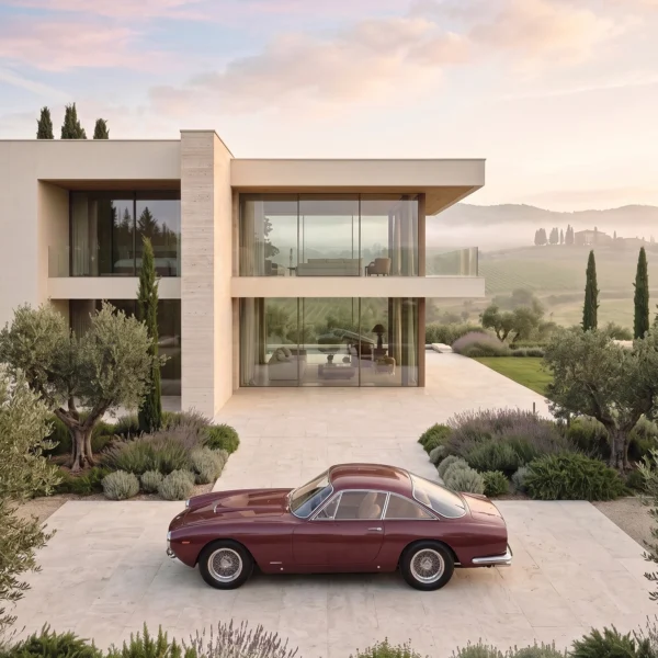 Dolce Vita Toscana — Ferrari 250 GT Lusso devant une villa des collines toscanes, art mural premium