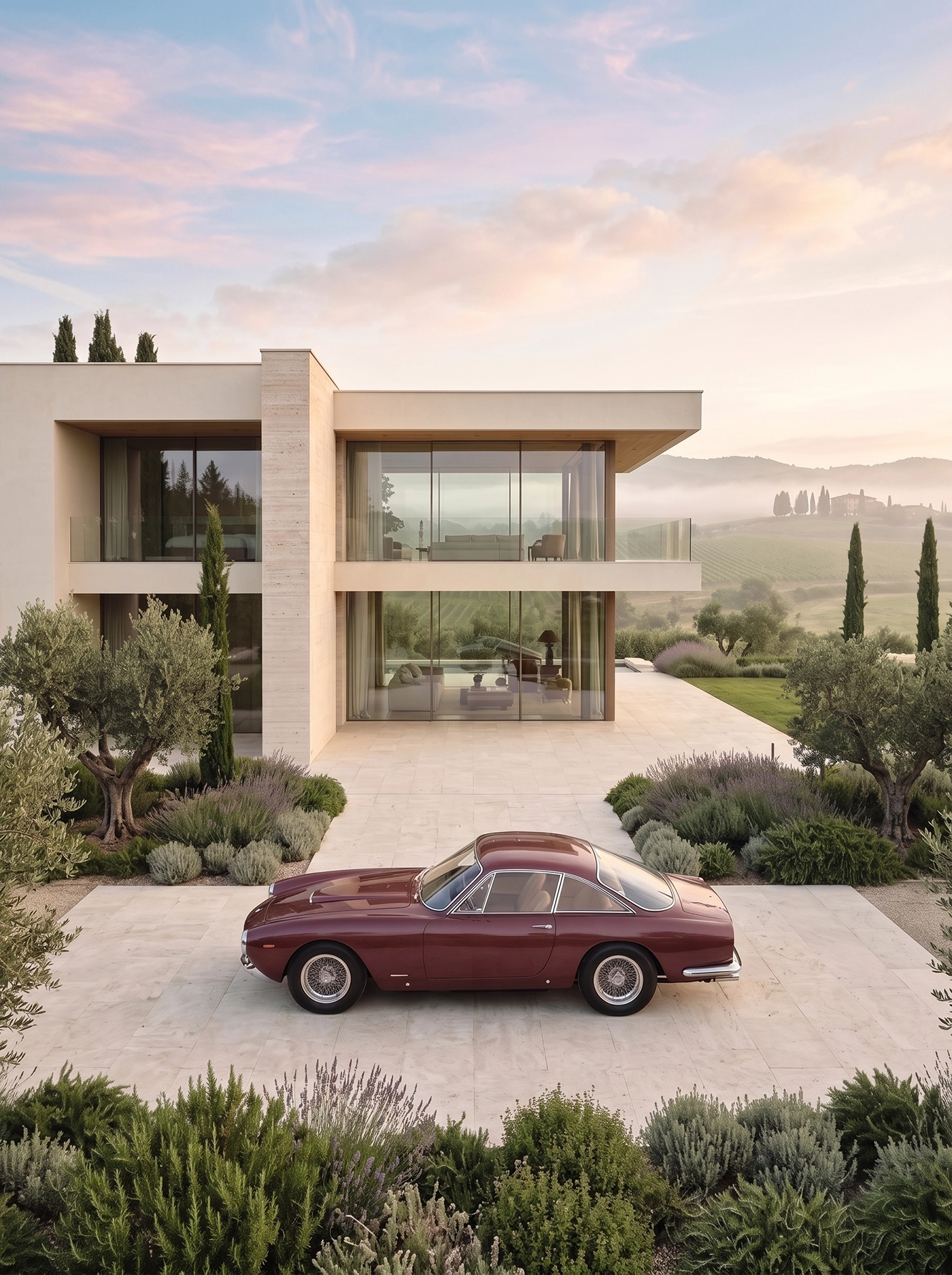 Dolce Vita Toscana — Ferrari 250 GT Lusso devant une villa des collines toscanes, art mural premium