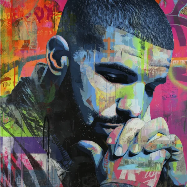 Portrait Street Art de Drake en pleine réflexion, mêlant graffiti, collages urbains, peinture expressive et couleurs néon contemporaines.
