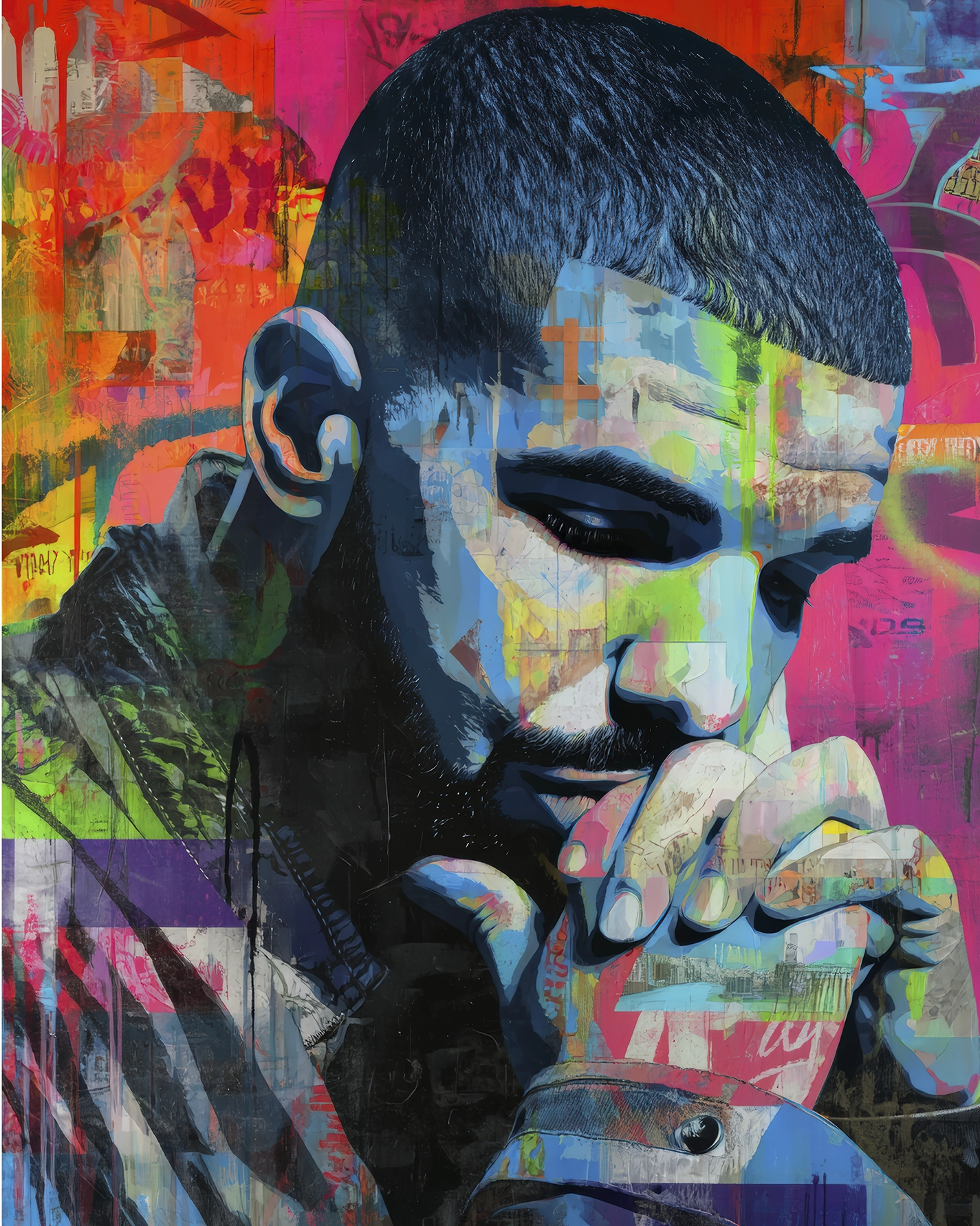 Portrait Street Art de Drake en pleine réflexion, mêlant graffiti, collages urbains, peinture expressive et couleurs néon contemporaines.
