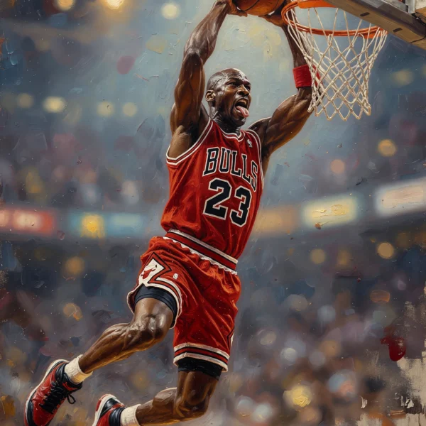 Tableau Dunk Suspendu Rouge & Noir — envol puissant d'un joueur de basket vers le panier