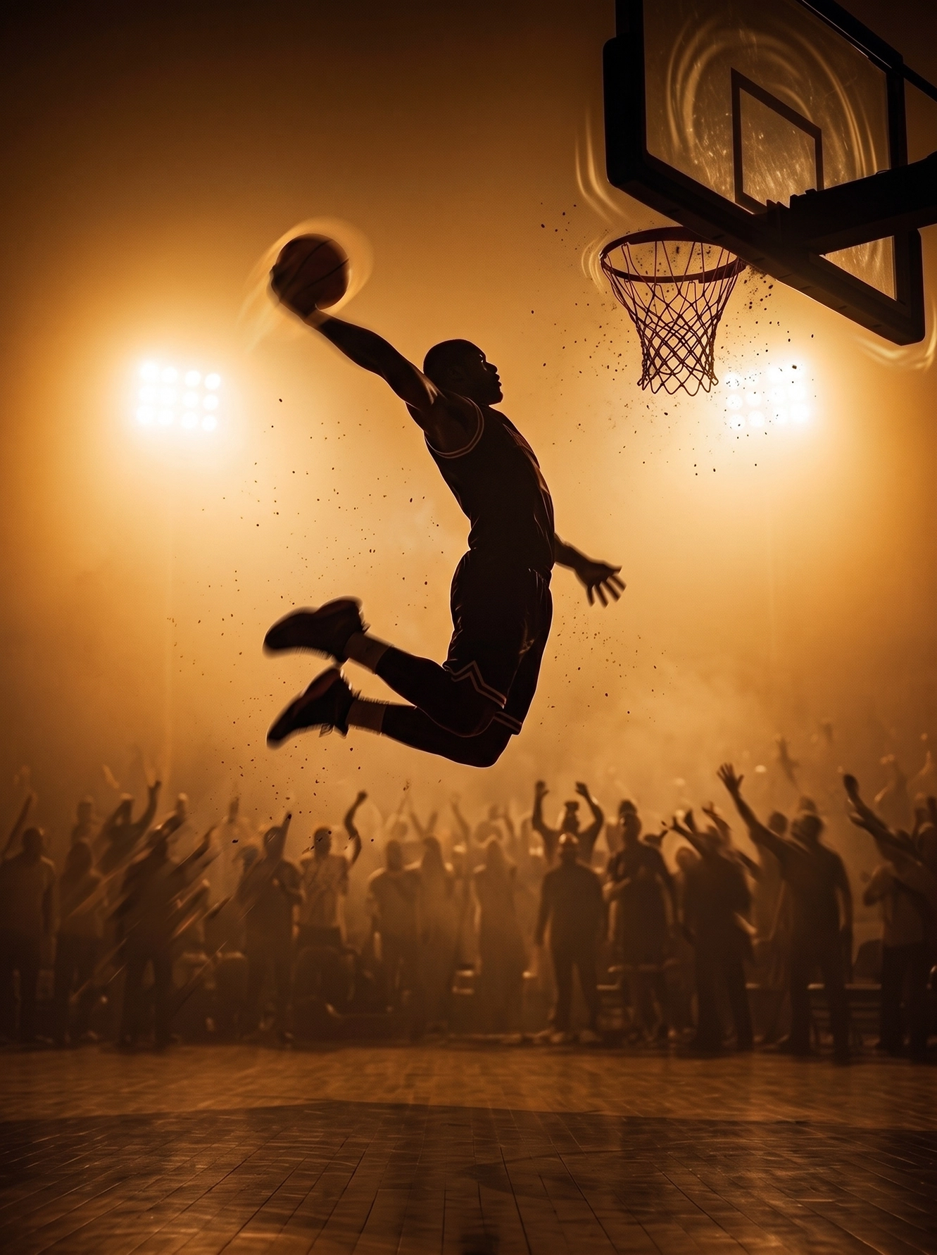 Dunk Suspendu Rouge & Noir — basketteur en plein dunk, tenue rouge, peinture à l'huile, art mural premium