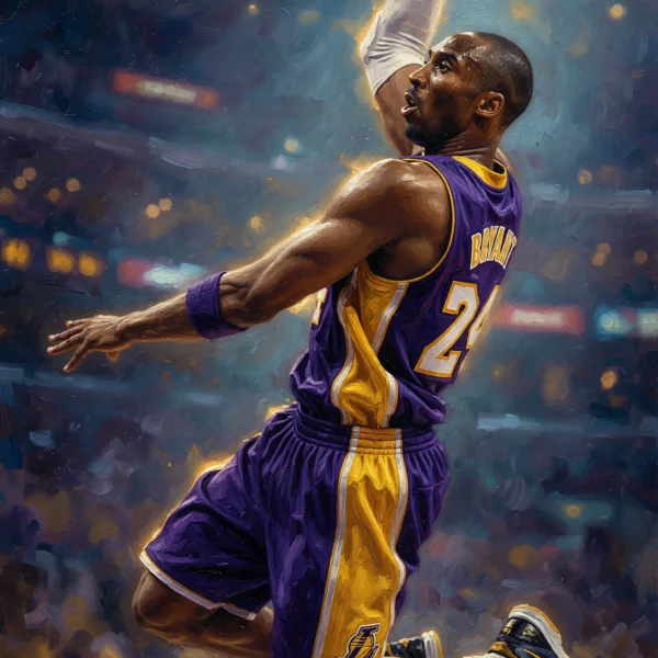 Dunk Suspendu Violet & Or — basketteur vu de dos suspendu en plein dunk, tenue violette et or, peinture à l'huile, art mural premium
