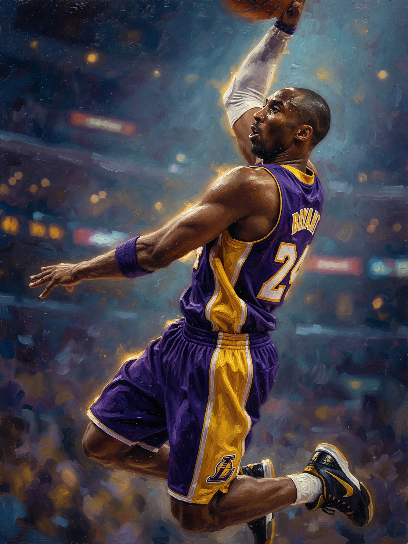 Dunk Suspendu Violet & Or — basketteur vu de dos suspendu en plein dunk, tenue violette et or, peinture à l'huile, art mural premium
