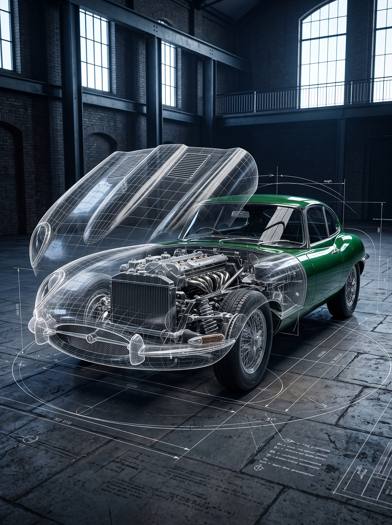 E-Type Revelation — Jaguar E-Type en carrosserie translucide révélant moteur et châssis, art mural premium
