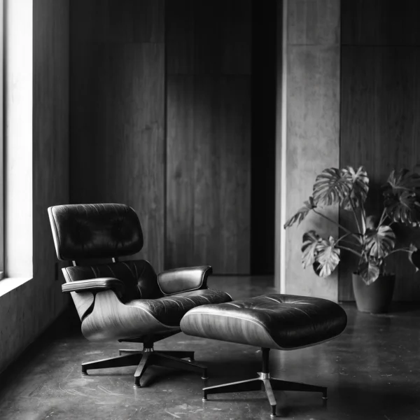 Eames Lounge Chair Design — fauteuil design emblématique en bois courbé et cuir, photographie noir et blanc, art mural premium