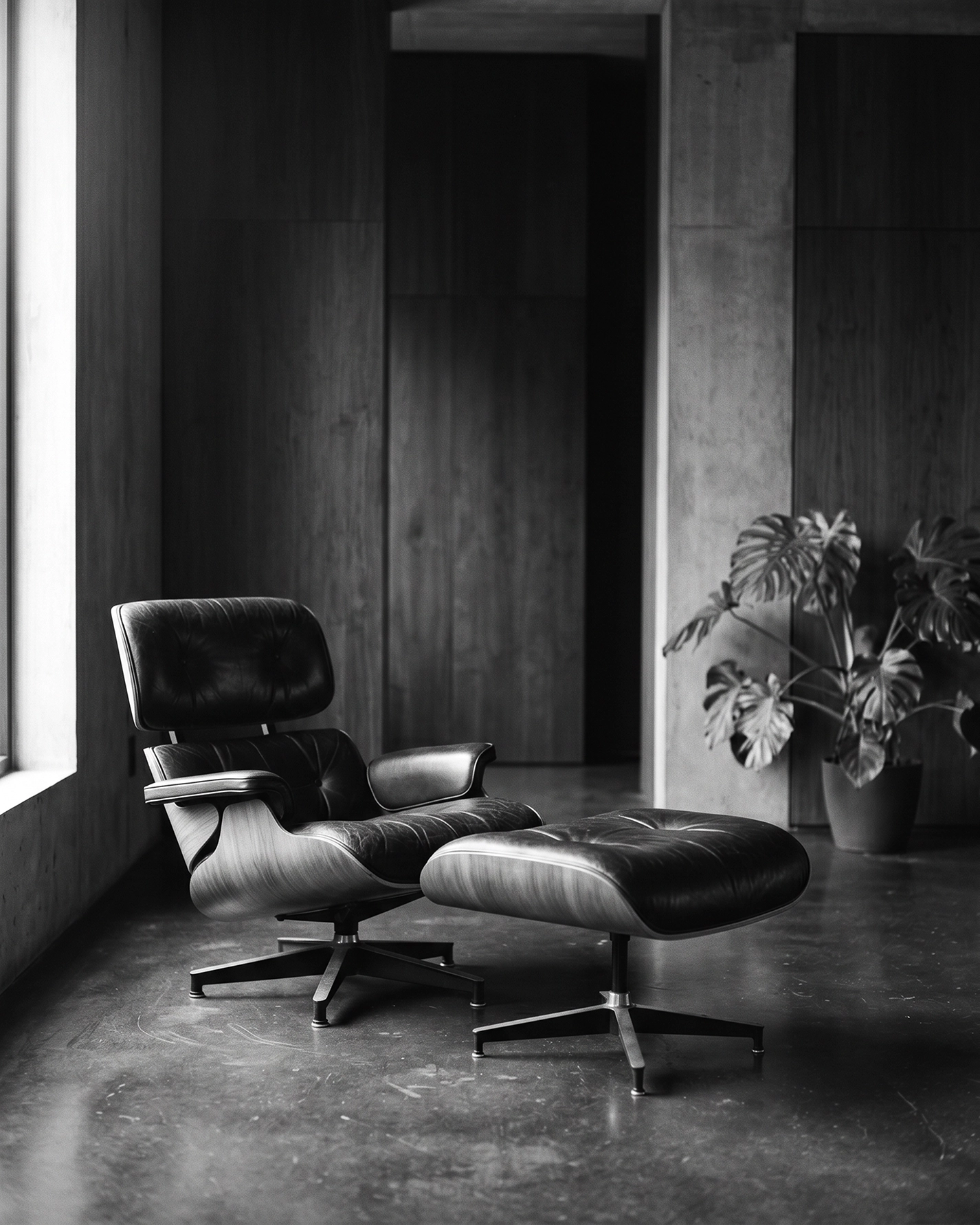 Eames Lounge Chair Design — fauteuil design emblématique en bois courbé et cuir, photographie noir et blanc, art mural premium