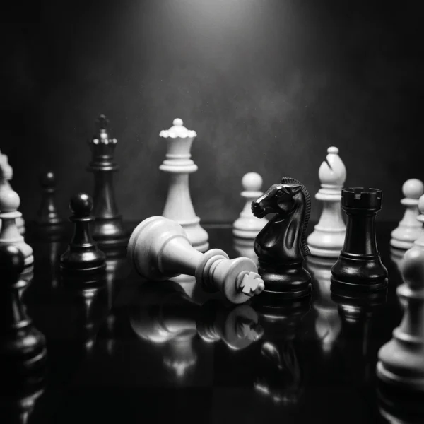 Échec et Mat — roi blanc renversé sur un échiquier Staunton, lumière dramatique, nature morte noir et blanc, art mural premium