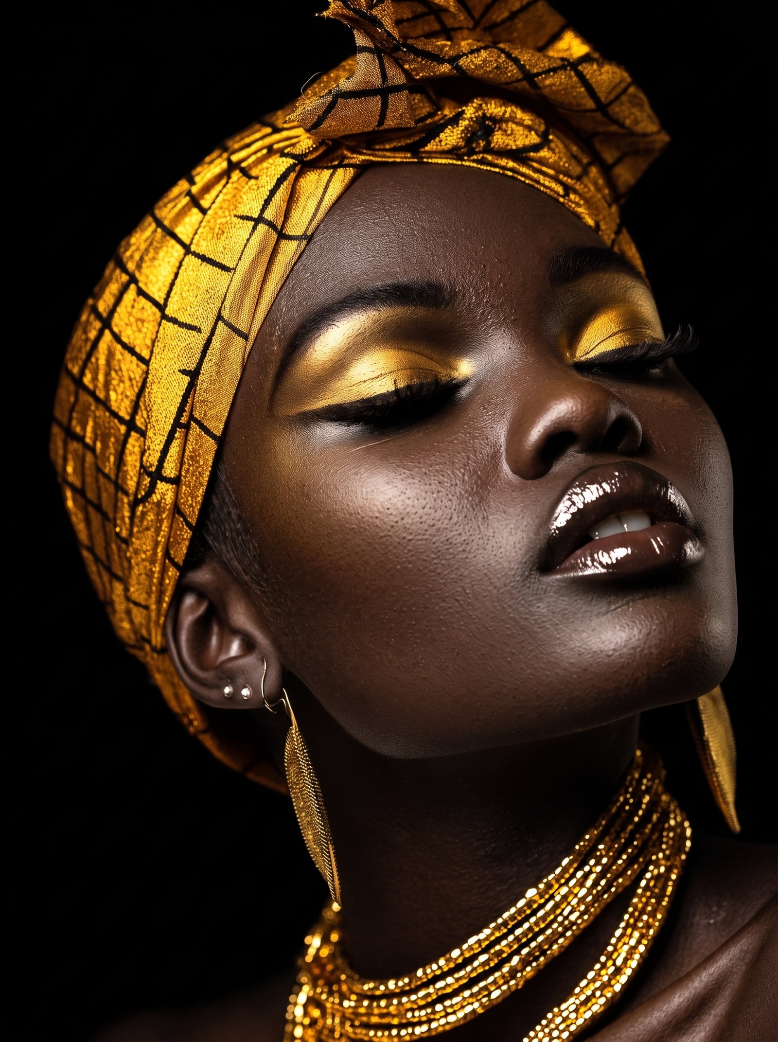 Éclat Royal — portrait beauté africaine aux reflets dorés et bijoux raffinés, art mural premium
