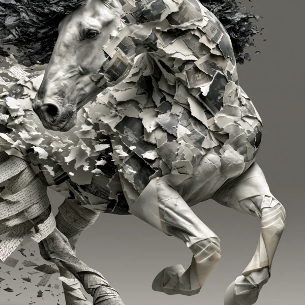 Tableau Éclats de Galop — cheval en plein élan artistique aux projections de matières